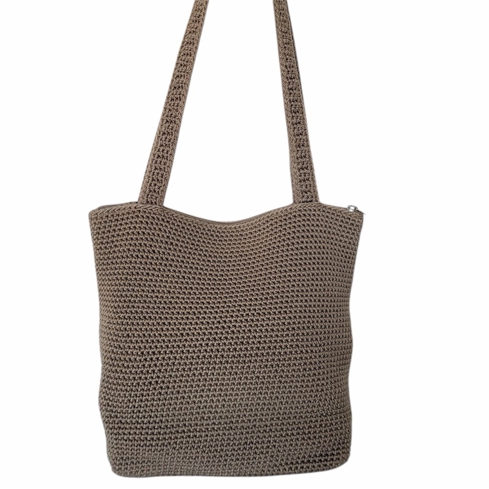 The Sak Brown Crochet Tote Bag with top zipper